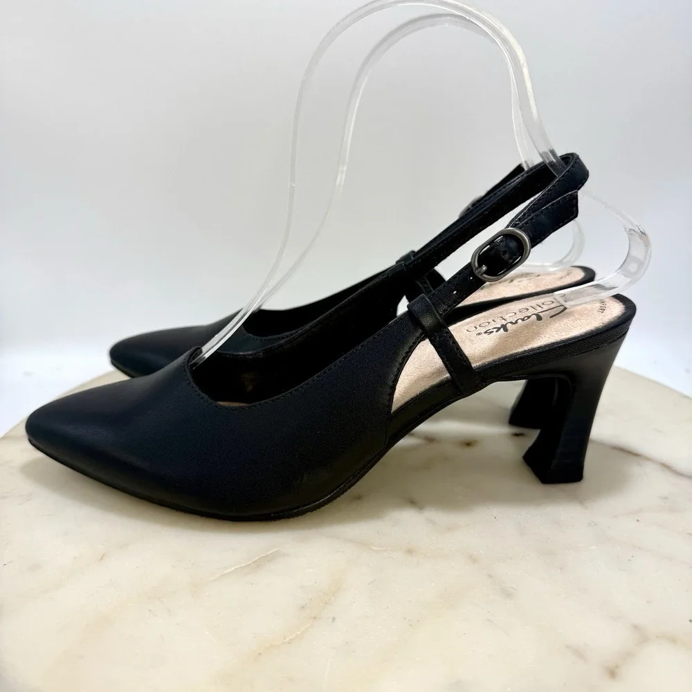 Clarks Black Leather Ultimate Comfort Collection Point Toe Slingback Heels 7M